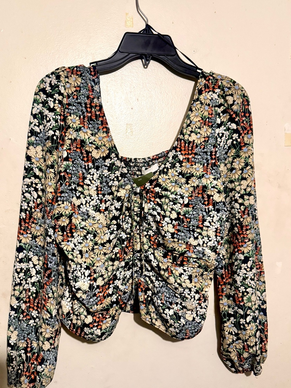 H&M Black Floral Ruched Tie-Front Long-Sleeve Top